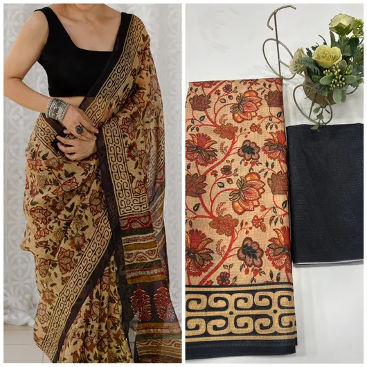 Soft Munga Kota Cotton Checks Saree with Beautiful Prints & Contrast Blouse